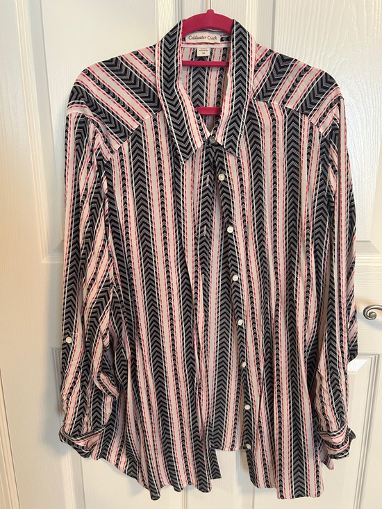 Coldwater Creek Tops - Coldwater Creek Black, White & Pink Chevron-Striped Blazer